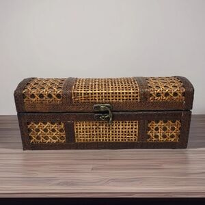 Wooden & Wicker Rectangle Box With Front Latch & Hinge Back Light & Dark Browns